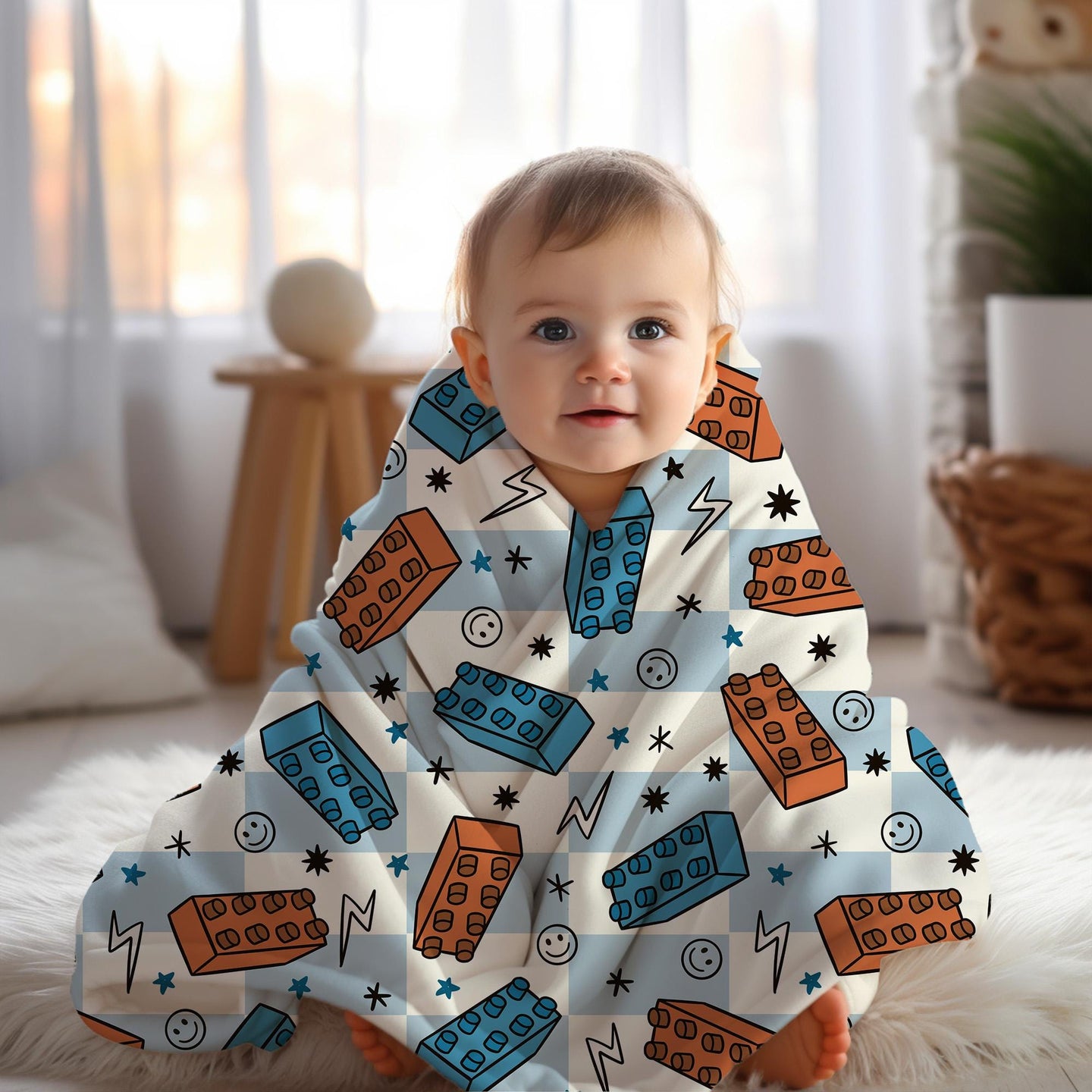 Personalized blanket for boys, blocks blanket, checkered throw, birthday gift for him, custom name baby blanket, baby shower gift